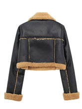 Back view of the plush black sherpa-trimmed cropped jacket, highlighting the mock shearling trim detail. 