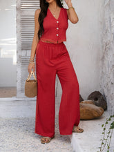 Full body close-up of model in Rust Quevella Duo Set focusing on lace trim and sleek pant silhouette