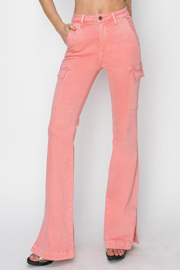 Front view of RISEN High Rise Side Slit Cargo Bootcut Jeans on model