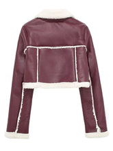 Back view of the fluffy burgundy sherpa-trimmed cropped jacket, highlighting the premium mock shearling trim detail. 
