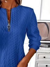 a close-up photo of the royal blue Sunset Coastal Bliss Texture Half Zip Long Sleeve Sweatshirt showcasing the zipper detailing