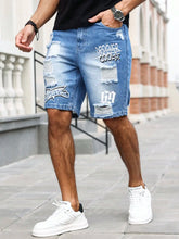 Men's Blue Ripped Text Logo Printed Jean Shorts
