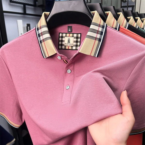 Plaid Crest Contrast Collar Men's Short Sleeve Polo