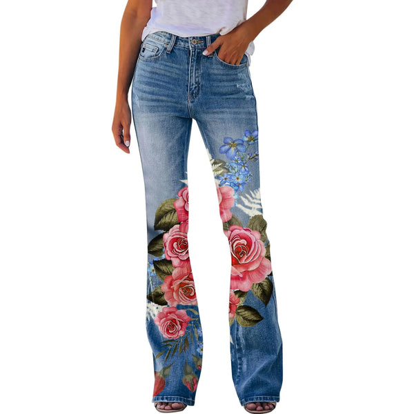 Bloomflare™ Women's Retro Street Flower Print Flare Stretch Denim Jeans
