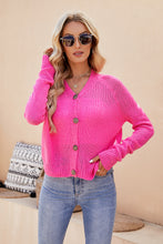 Side view of a woman wearing the Solavelle™ V-Neck Cardigan in hot pink, showcasing the relaxed silhouette, long sleeves, and lightweight drape.