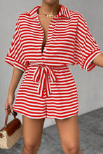 Side profile of LineaVerra™ Strawberry Romper showing stripes and waist tie.