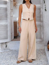 Close-up of Tan Quevella Duo Set fabric showing soft texture and delicate lace trim along vest placket and pant side seam