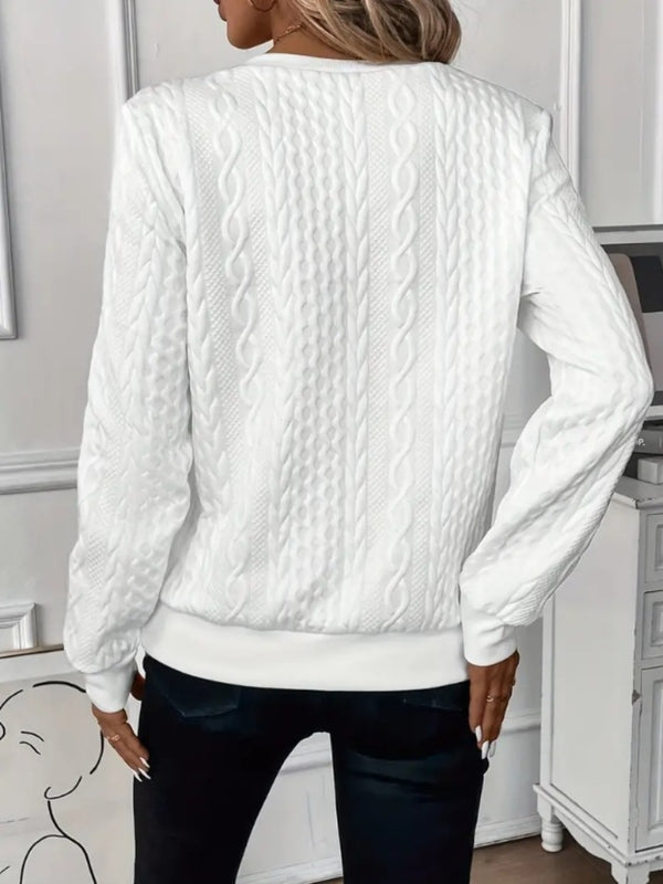 a model showcasing the back of a white Sunset Coastal Bliss Texture Half Zip Long Sleeve Sweatshirt paired with dark blue jeans and jewelry