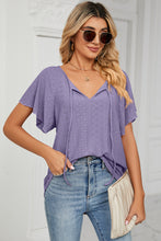 Front view of Veluretta Mistflair Blouse in lavender with tie-neck and flutter sleeves.