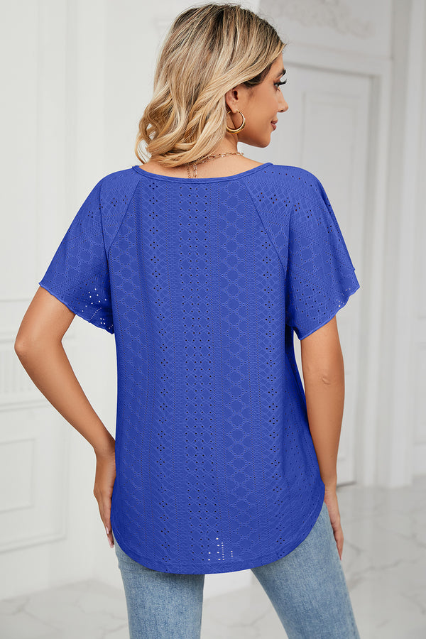 Back view of cropped short sleeve Veluretta Mistflair Blouse in Ultra Marine.
