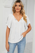 Front view of Veluretta Mistflair Blouse in white with tie-neck and flutter sleeves.