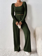 Verdelle Scoop Wide Leg Lounge Duo in army green front view holding a coffee