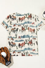 Back flat lay view of a beige Mustang River printed mesh t-shirt, paired with sneakers, baseball and glove.