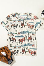 Front flat lay view of a beige Mustang River printed mesh t-shirt, paired with sneakers, baseball and glove.