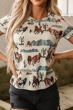Close-up image of the mustang and river scene print on the beige mesh fabric, highlighting the detailed Western design.