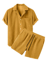 Yellow Kavren TextureFlex Duo men’s set — front flat lay featuring notched collar top, chest pocket, corduroy textured fabric, elastic waist shorts with drawstring