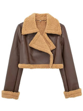 Front zoomed-in detail of faux leather texture and sherpa trim on the brown Nuvira Frostloom jacket.