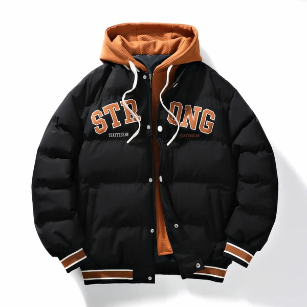 Aegis Core Sentinel Hooded Down Jacket in Black – front view with STRONG – STAY TRUE.89 logo, ribbed hood, contrast stripe hem