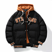 Aegis Core Sentinel Hooded Down Jacket in Black – front view with STRONG – STAY TRUE.89 logo, ribbed hood, contrast stripe hem