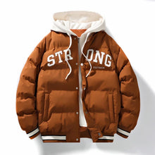 Aegis Core Sentinel Hooded Down Jacket in Camel – front view with bold logo and contrast striped cuffs
