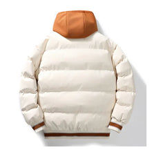Aegis Core Sentinel Hooded Down Jacket in White – back view: clean silhouette, contrast hem stripe