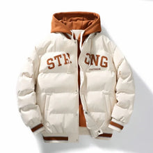 Aegis Core Sentinel Hooded Down Jacket in Camel – front view with bold logo and contrast striped cuffs