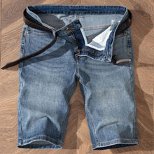 Men's Air Force Blue vintage wash stretch denim bermuda shorts front view.