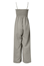 A back photo of the heather gray Smocked Amphitrite's Flow Wide Leg Jumpsuit with a white background