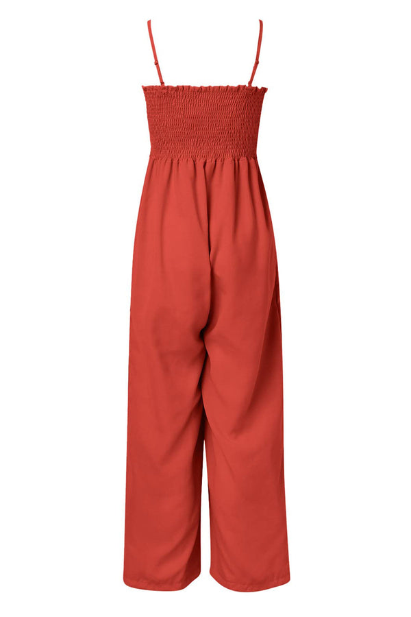 A back photo of the Red-Orange Smocked Amphitrite's Flow Wide Leg Jumpsuit with a white background