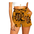 Front view of AnkaraSol HighRise Heritage Shorts in gamboge with geometric print on model.