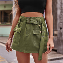 Model in army green Solenya™ Belted Cargo Skort, skirt-front panel and belted waist