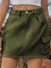 army green adjustable waist denim skirt zoomed in front view
