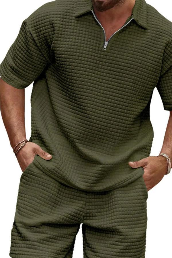 Army Green Azryl WaffleZip Luxe Set front view, hands in pockets.