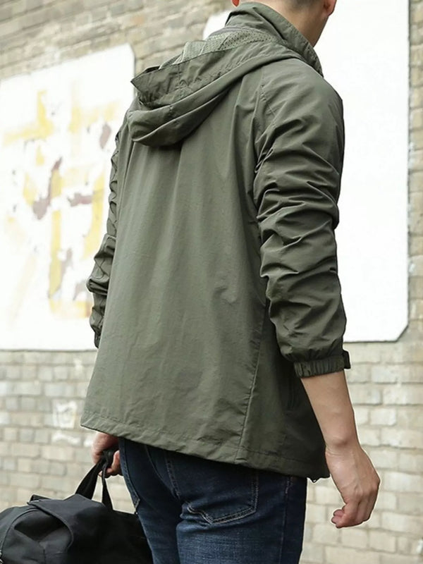 army green men’s zip hooded windbreaker jacket model back view
