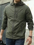 army green men’s zip hooded windbreaker jacket model front view