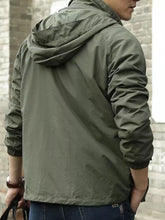 army green men’s zip hooded windbreaker jacket close up back view
