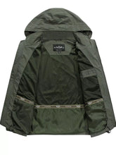 army green men’s zip hooded windbreaker jacket close up inner liner and pocket view