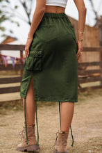 Army green Rovelle Cargo Skirt back view showcasing adjustable side drawstring and back pockets 