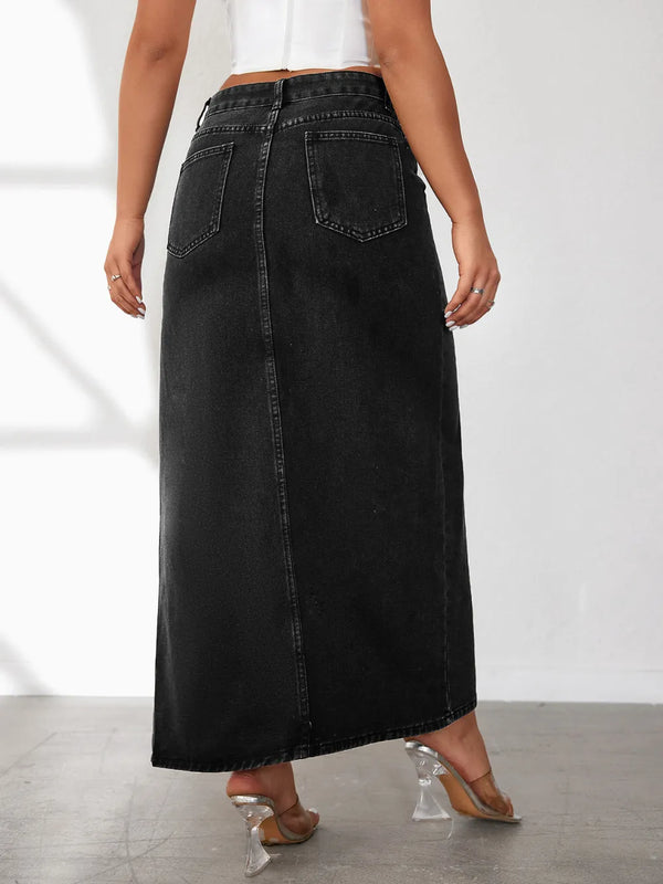 Back view of Averlynn Curve Skirt in black showing classic pockets and seam details
