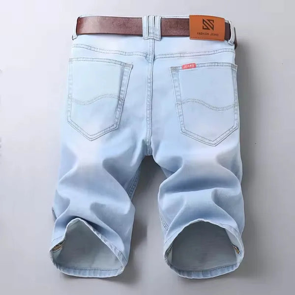 Men's Baby Blue vintage wash stretch denim bermuda shorts back view.
