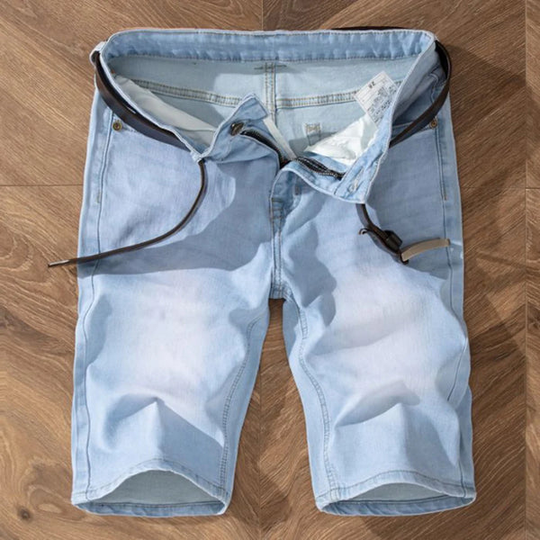 Men's baby blue vintage wash stretch denim bermuda shorts front view.