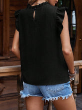 Back view of a frill mock neck ruffled cap sleeve blouse in black, showing the ruffle neckline and clean back detail.