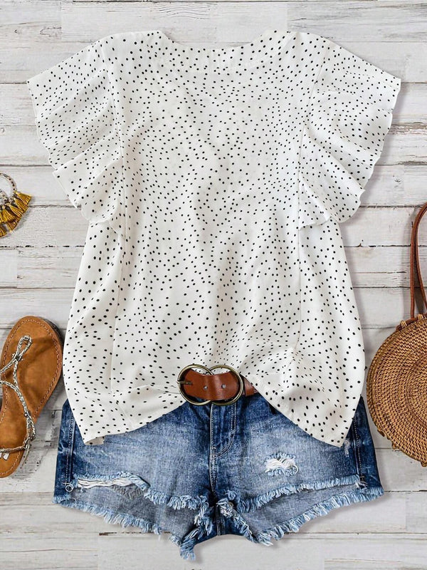 Back view of white EverDot Flutter Top showcasing tailored fit.