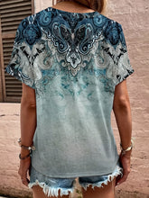 Back view of french blue Printed Notched Short Sleeve Blouse with loose silhouette, on a model
