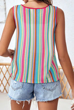 Back view of wide strap tank showing horizontal color block stripes, on a model