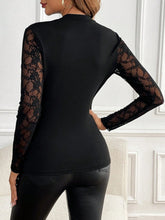 Back view of the Lace Patchwork Mock Neck Long Sleeve Top, showcasing the delicate lace panel and flattering fit in classic black.