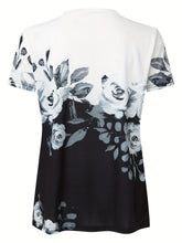 Back flat lay detail of notched neckline and printed fabric in blacl color