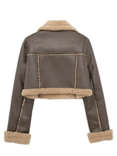 Back view of the plush coffee brown sherpa-trimmed cropped jacket, highlighting the mock shearling trim detail. 