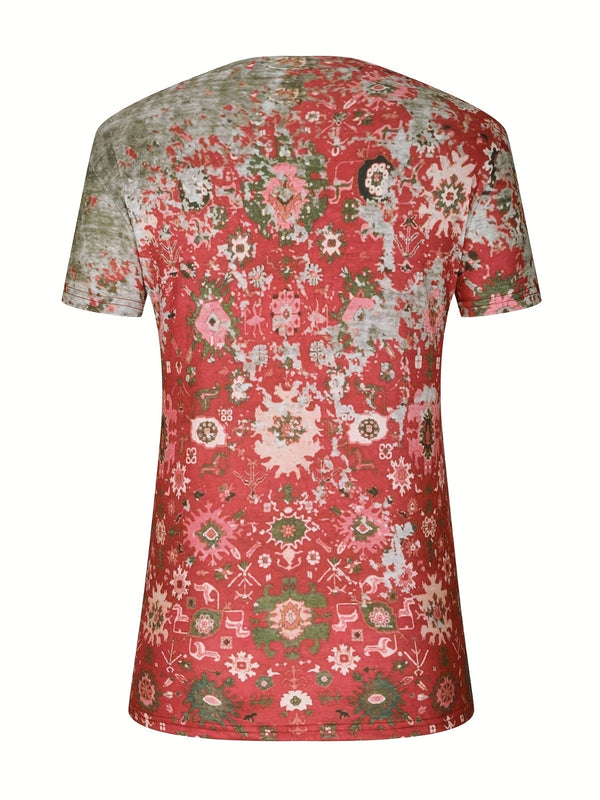 Back view of deep red Printed Notched Short Sleeve Blouse with loose silhouette