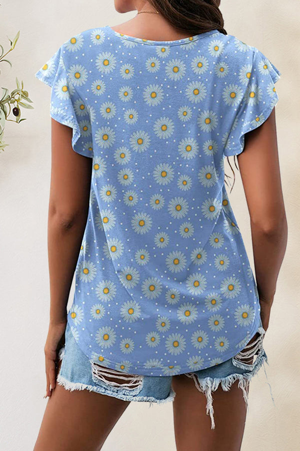 Back view of floral Printed Round Neck Short Sleeve T-Shirt